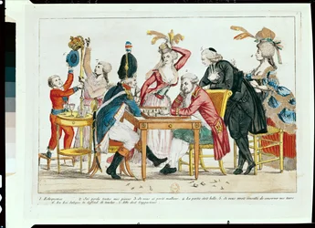 Caricatura di Luigi XVI (1754-93) che gioca a scacchi con un soldato della Guardia nazionale